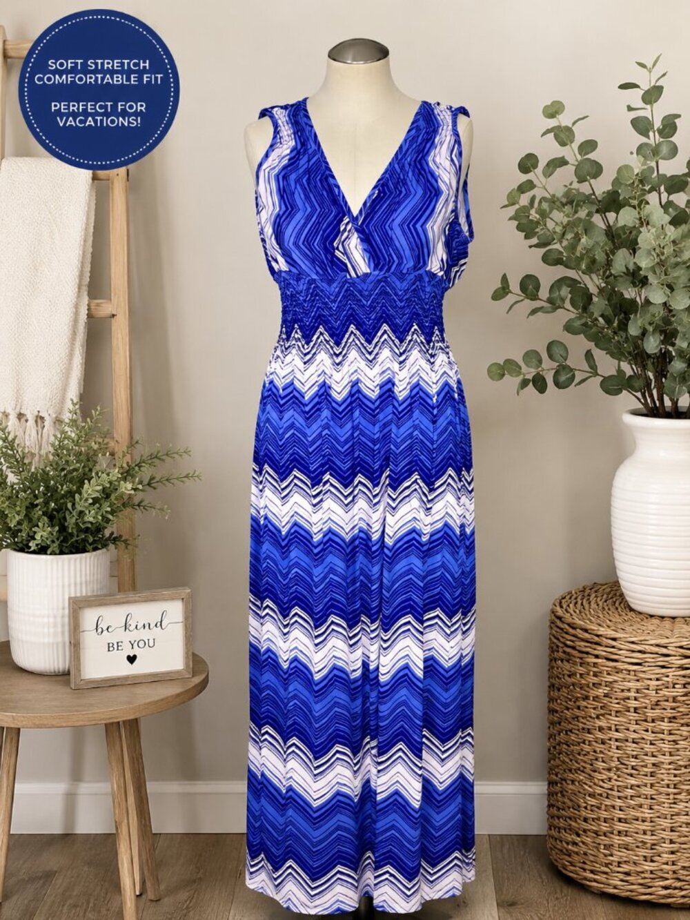 Jon & Anna Blue Chevron Maxi Dress Size L Sleeveless Empire Waist Stretch